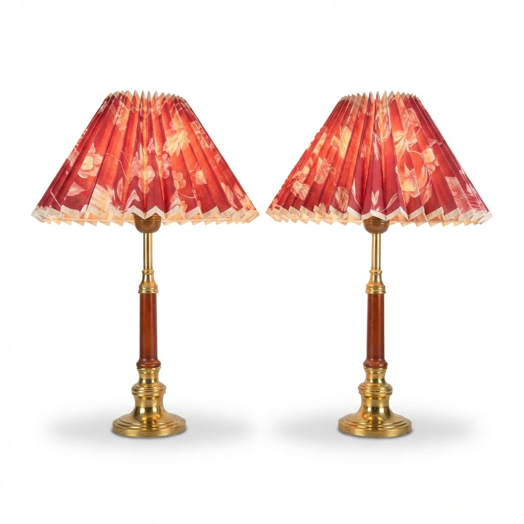 Pair of Brass and Wood Table Lamps with Pleated Floral Shades, 1970s
