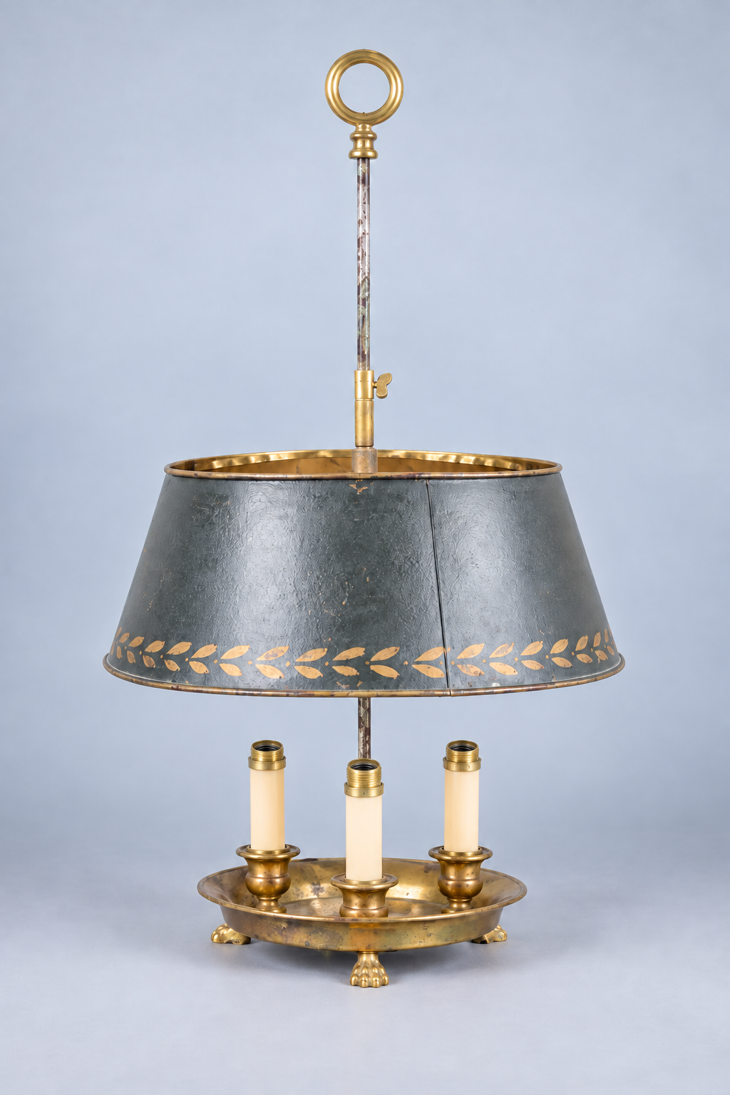 Three-Light Brass Bouillotte Lamp, Dark Painted Tole Shade, Paw Feet and Ring Finial