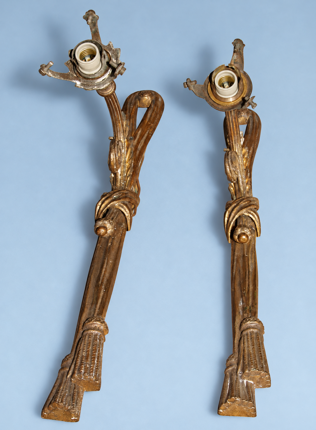 Vintage Pair of Louis XVI Style Gilt Metal Single-Arm Wall Sconces with Cord, Knot and Tassel