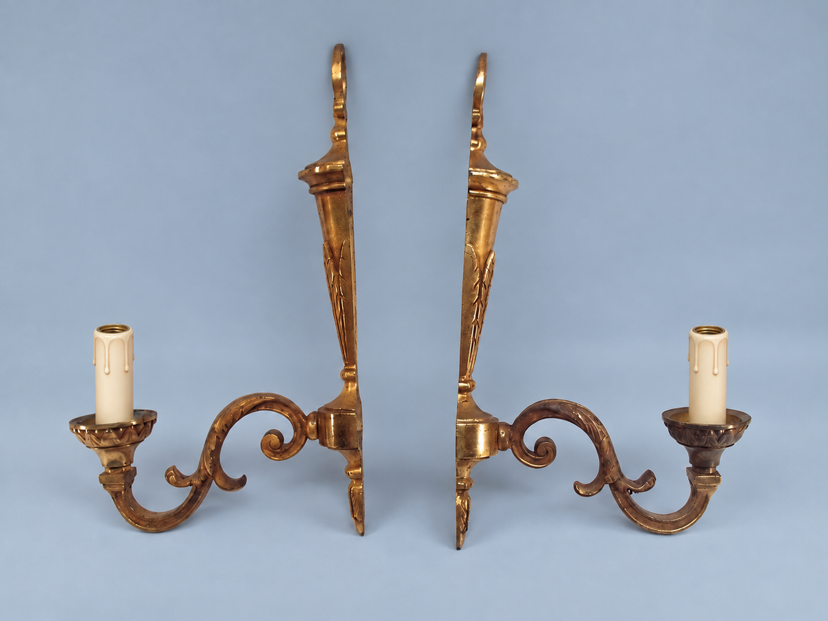 1950s Brass and Bronze Wall Sconce Pair, Louis XVI Style Leaf Quiver Backplates and Single Scroll Arms