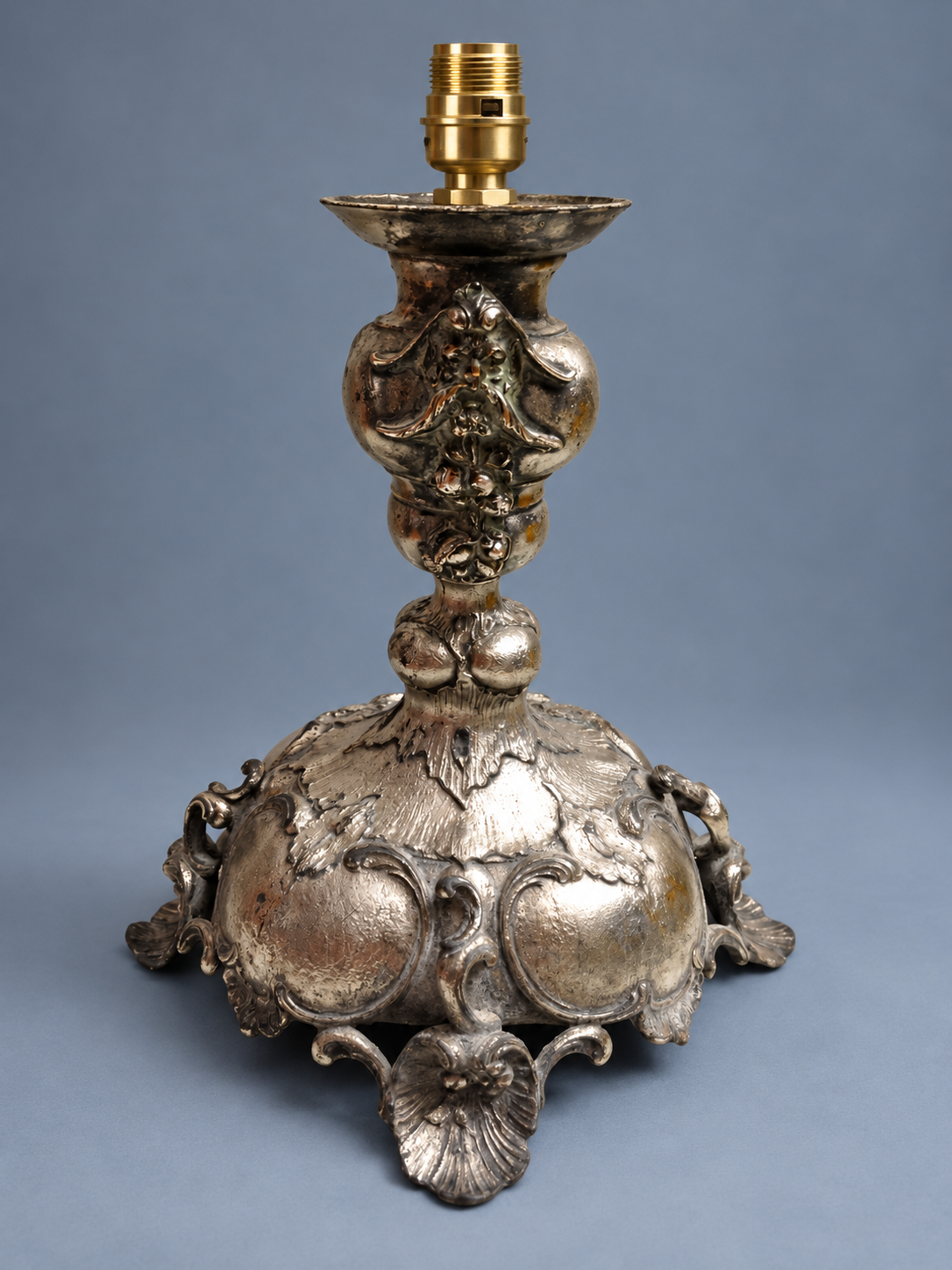 Vintage Silver-Tone Metal Table Lamp, Bacchic Masks and Fruit Festoons, Rococo Revival Style