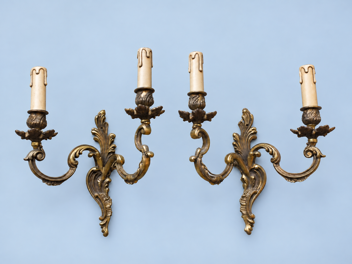 Vintage Pair of Louis XV Style Wall Sconces, Attributed Late 19th–Early 20th Century, Gilt Metal Acanthus Crest, Two Lights Each, 36 cm
