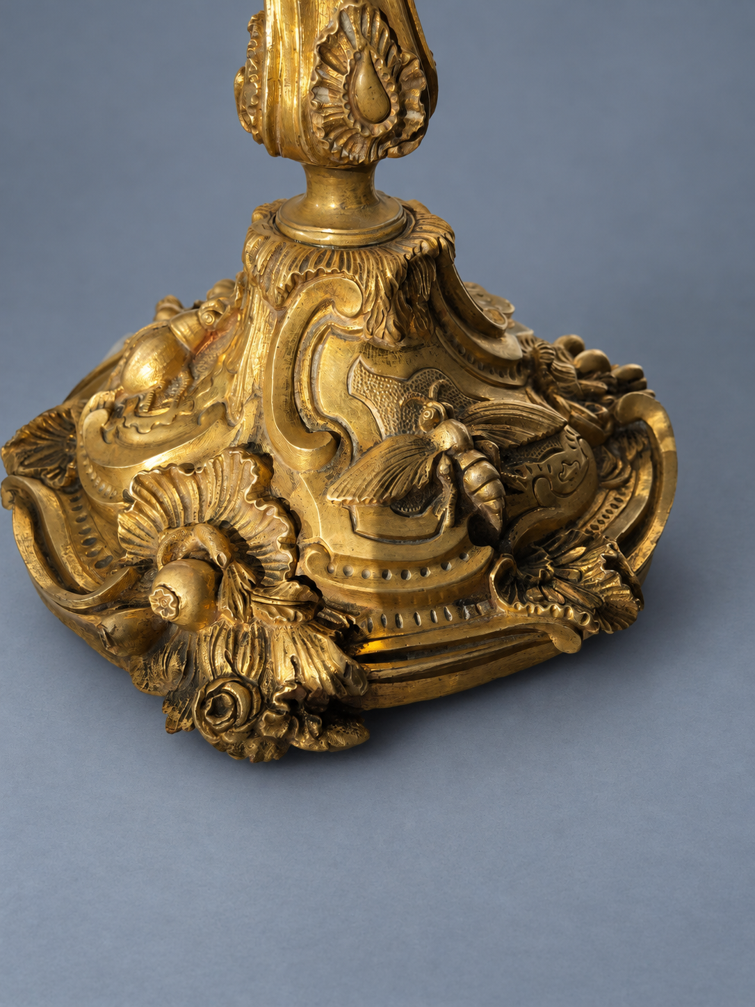 Vintage Rococo Gilt Metal Table Lamp, Relief Insects and Flowering Scrolls, French Candlestick Form