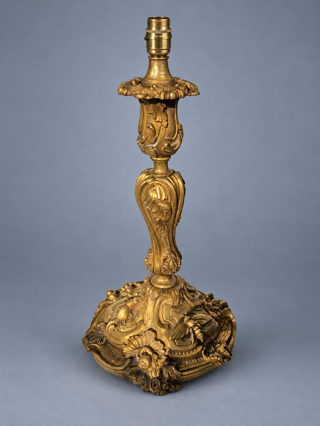 Vintage Rococo Gilt Metal Table Lamp, Relief Insects and Flowering Scrolls, French Candlestick Form