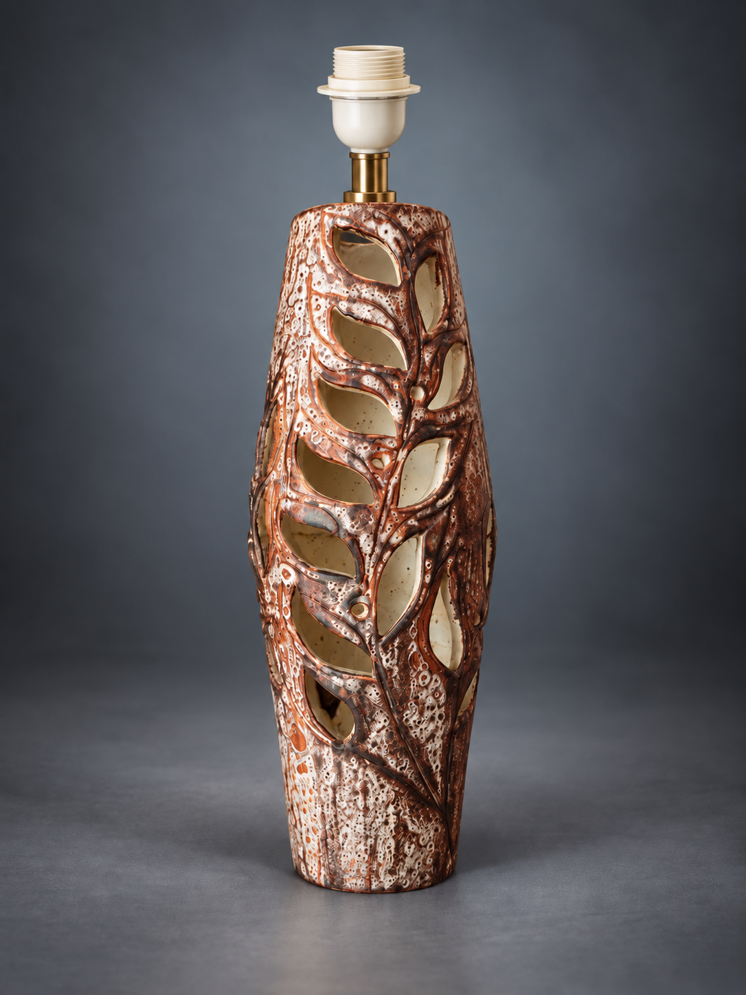 Openwork Ceramic Lamp Base, Hand-Cut Leaf Design, Textured Glaze, Mid-Century Style