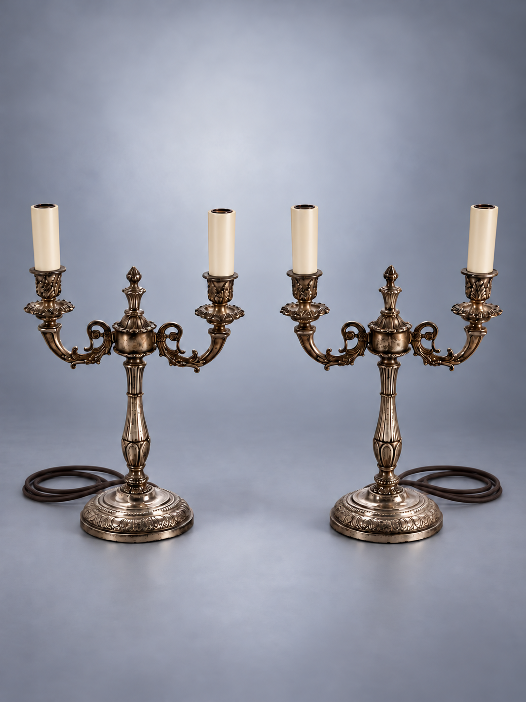 Pair of Vintage Silver-Tone Two-Light Candelabra Table Lamps