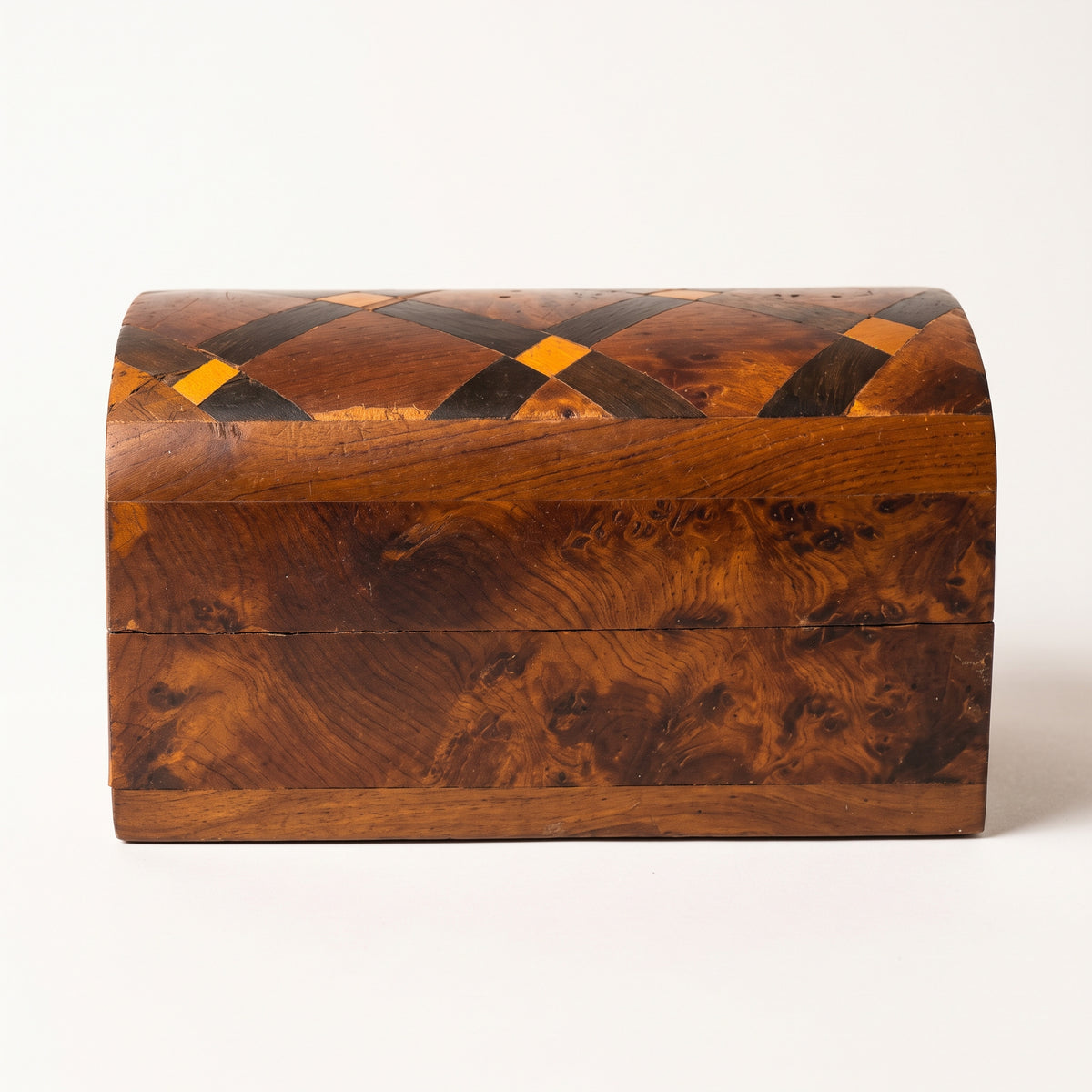 LM-V-440 — Original burl wood marquetry box, centered closed front view on warm white background
