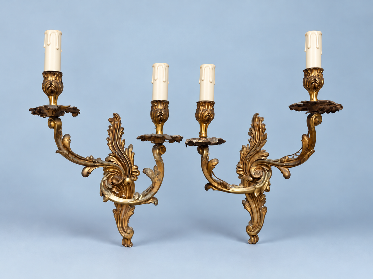 Pair of Louis XV Rocaille Style Gilt-Metal Wall Sconces, Two Candle Lights Each