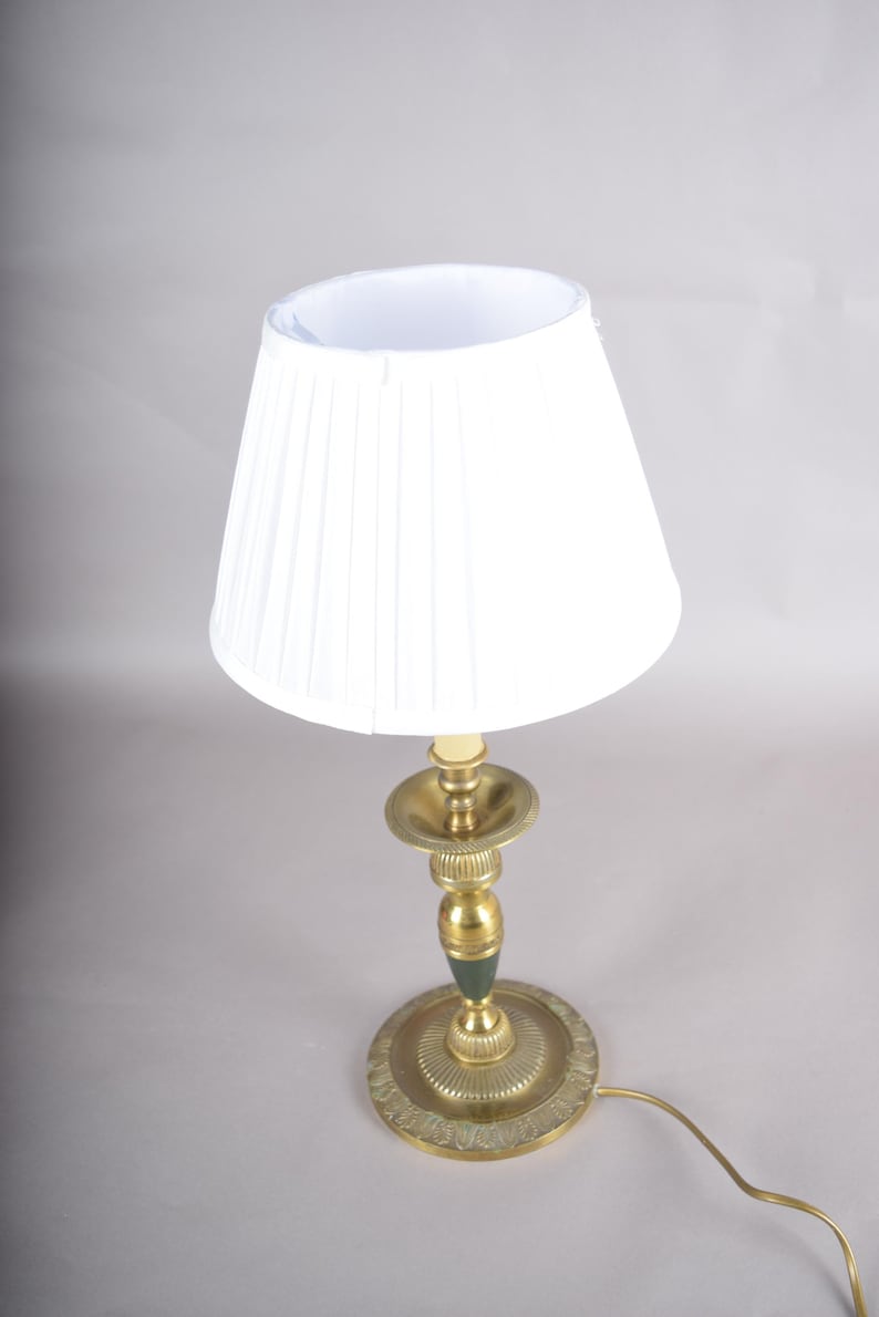 Vintage Brass Candlestick Table Lamp, Green Accent, Bouillotte-Style Drip Tray, Pleated White Shade, 1950s