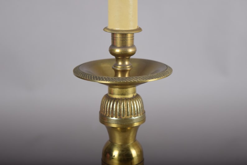 Vintage Brass Candlestick Table Lamp, Green Accent, Bouillotte-Style Drip Tray, Pleated White Shade, 1950s