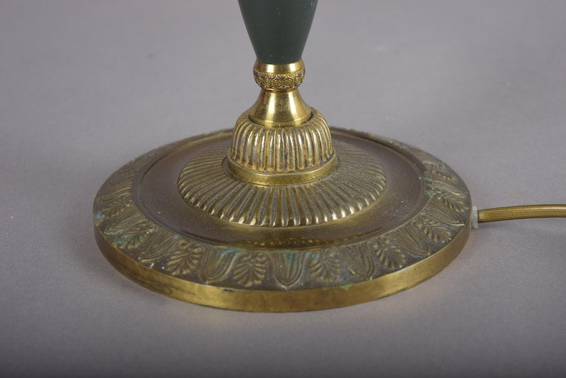 Vintage Brass Candlestick Table Lamp, Green Accent, Bouillotte-Style Drip Tray, Pleated White Shade, 1950s