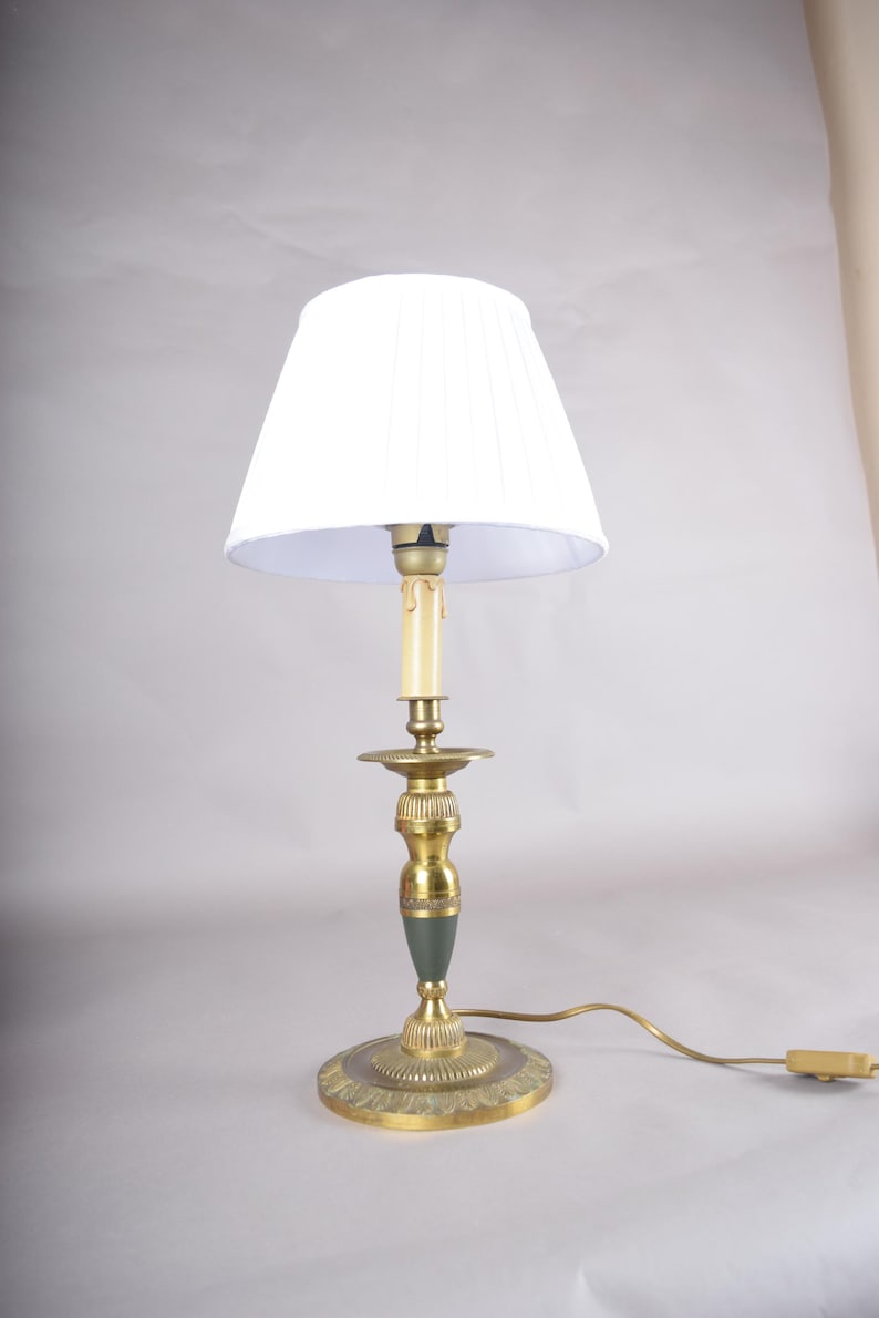 Vintage Brass Candlestick Table Lamp, Green Accent, Bouillotte-Style Drip Tray, Pleated White Shade, 1950s