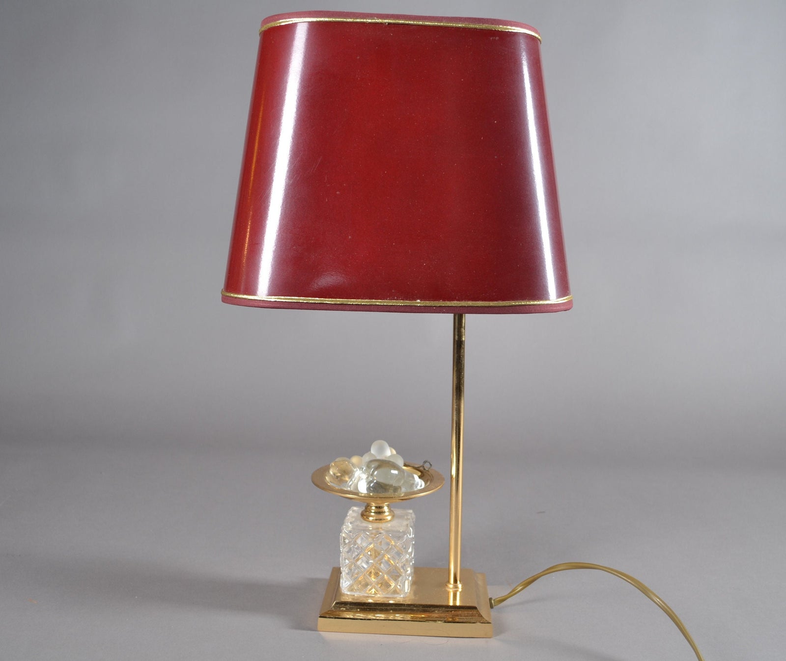Vintage 1970s French Table Lamp, Red Tole Shade, Cut Glass Base with Glass Fruit Accent