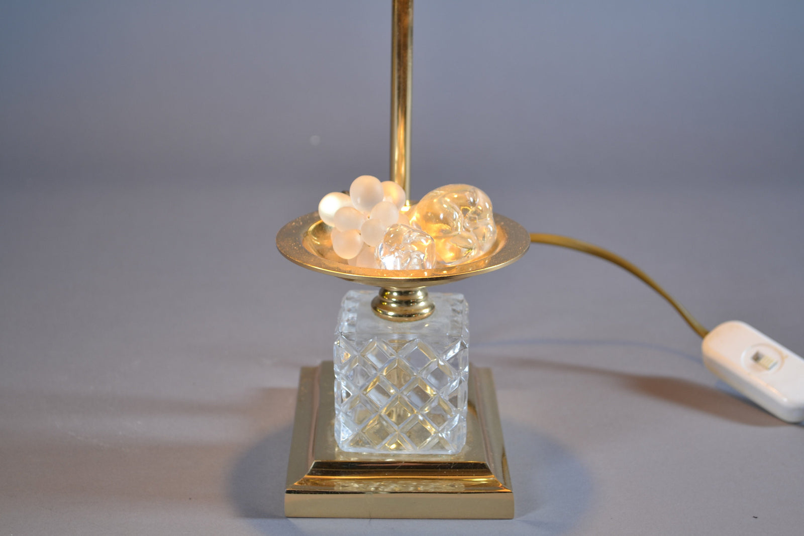Vintage 1970s French Table Lamp, Red Tole Shade, Cut Glass Base with Glass Fruit Accent