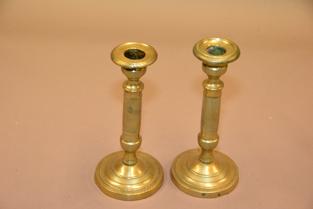 Antique Bronze Candlestick Pair, Crisscross Diamond Texture — French, Circa 1910s