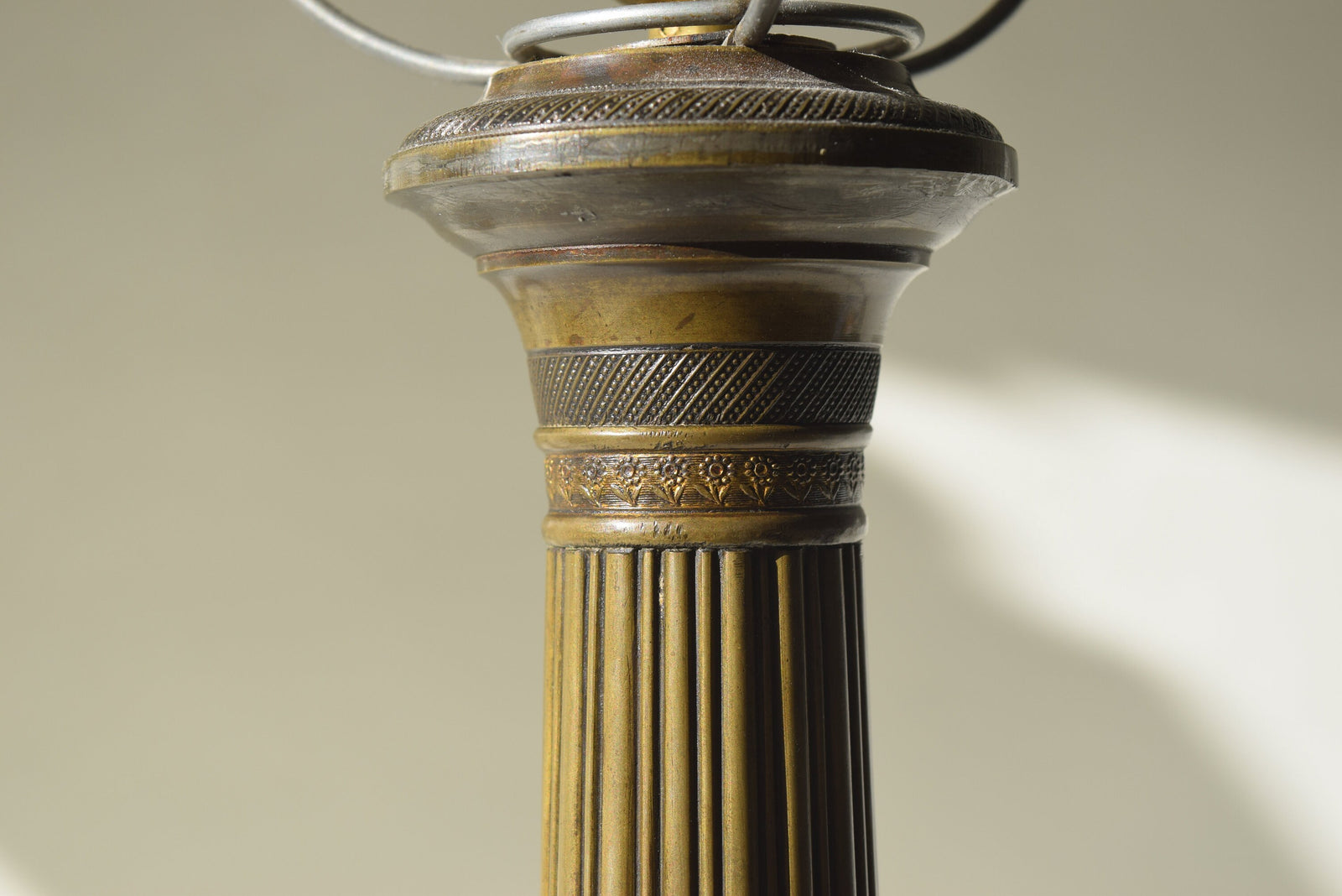 Antique Bronze Column Table Lamp, Hexagonal Base — Neoclassical, 19th Century