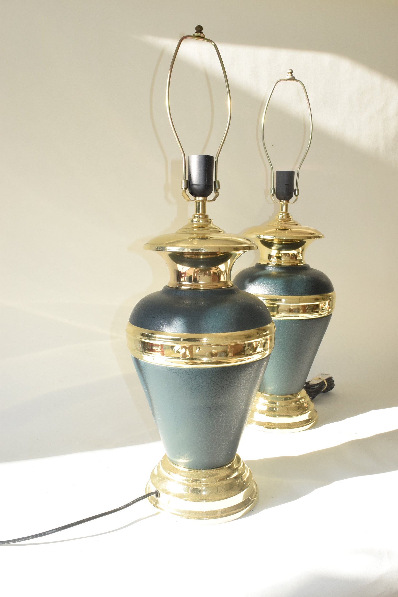 Vintage 1990s Green Ceramic & Gold-Tone Table Lamps – Vase-Style Statement Lighting, Matching Pair