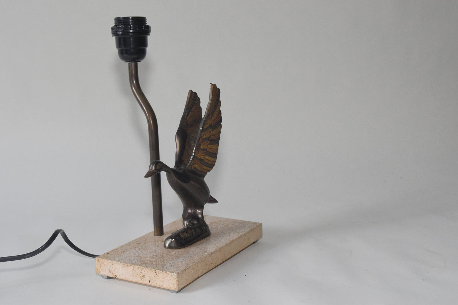 Vintage Duck Desk Lamp, Sculpted Bronze-Toned Metal Bird, Travertine Base, 1970s