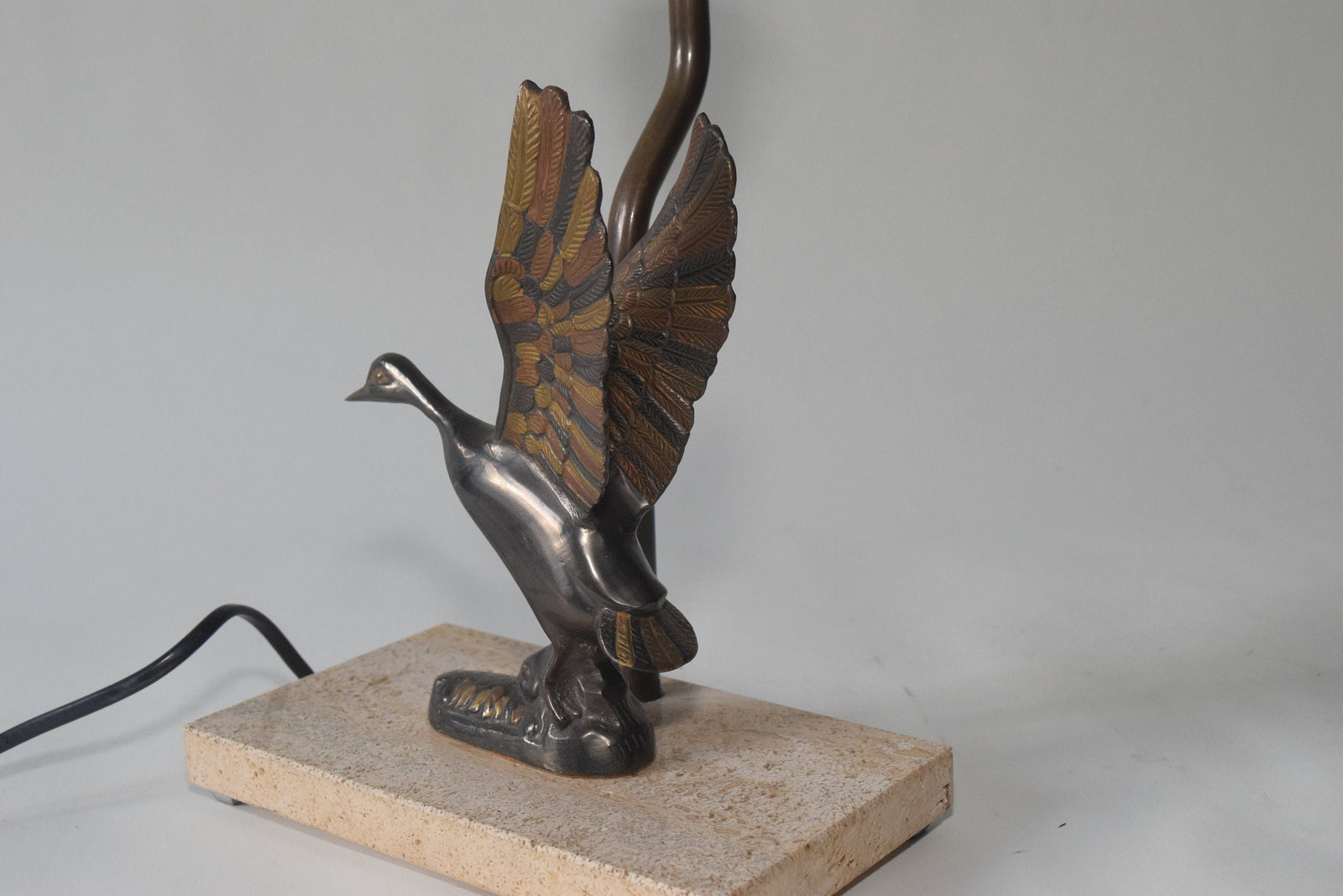 Vintage Duck Desk Lamp, Sculpted Bronze-Toned Metal Bird, Travertine Base, 1970s