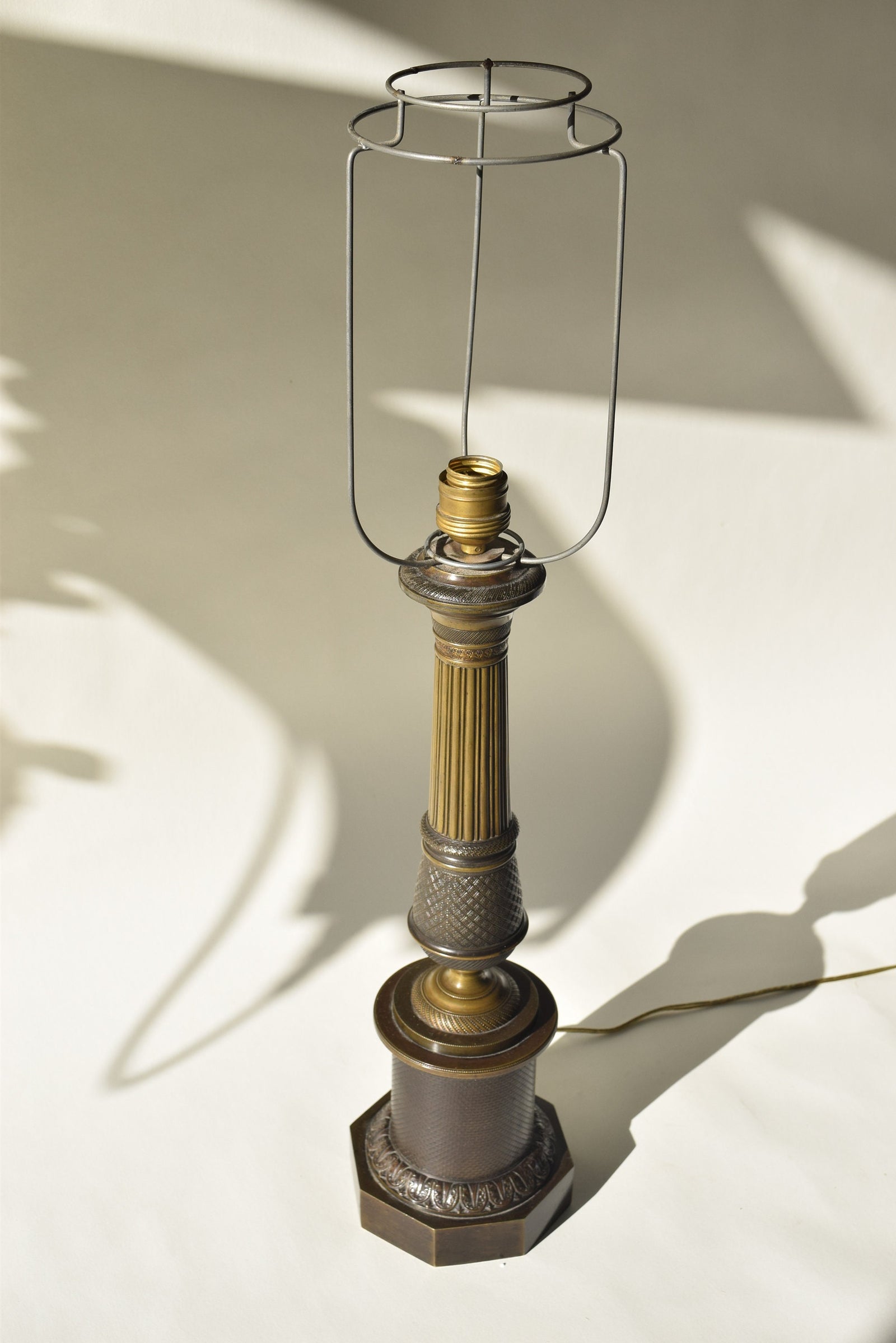 Antique Bronze Column Table Lamp, Hexagonal Base — Neoclassical, 19th Century