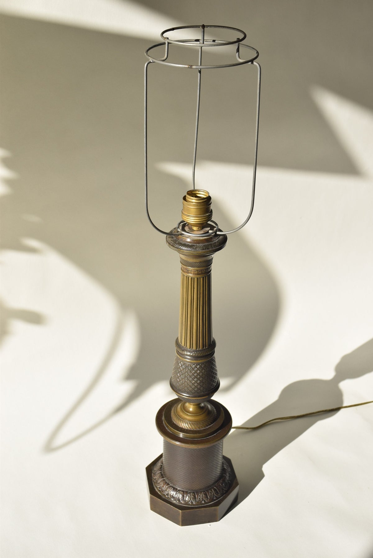 Antique Bronze Column Table Lamp, Hexagonal Base — Neoclassical, 19th Century