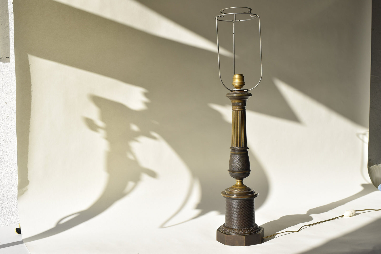 Antique Bronze Column Table Lamp, Hexagonal Base — Neoclassical, 19th Century
