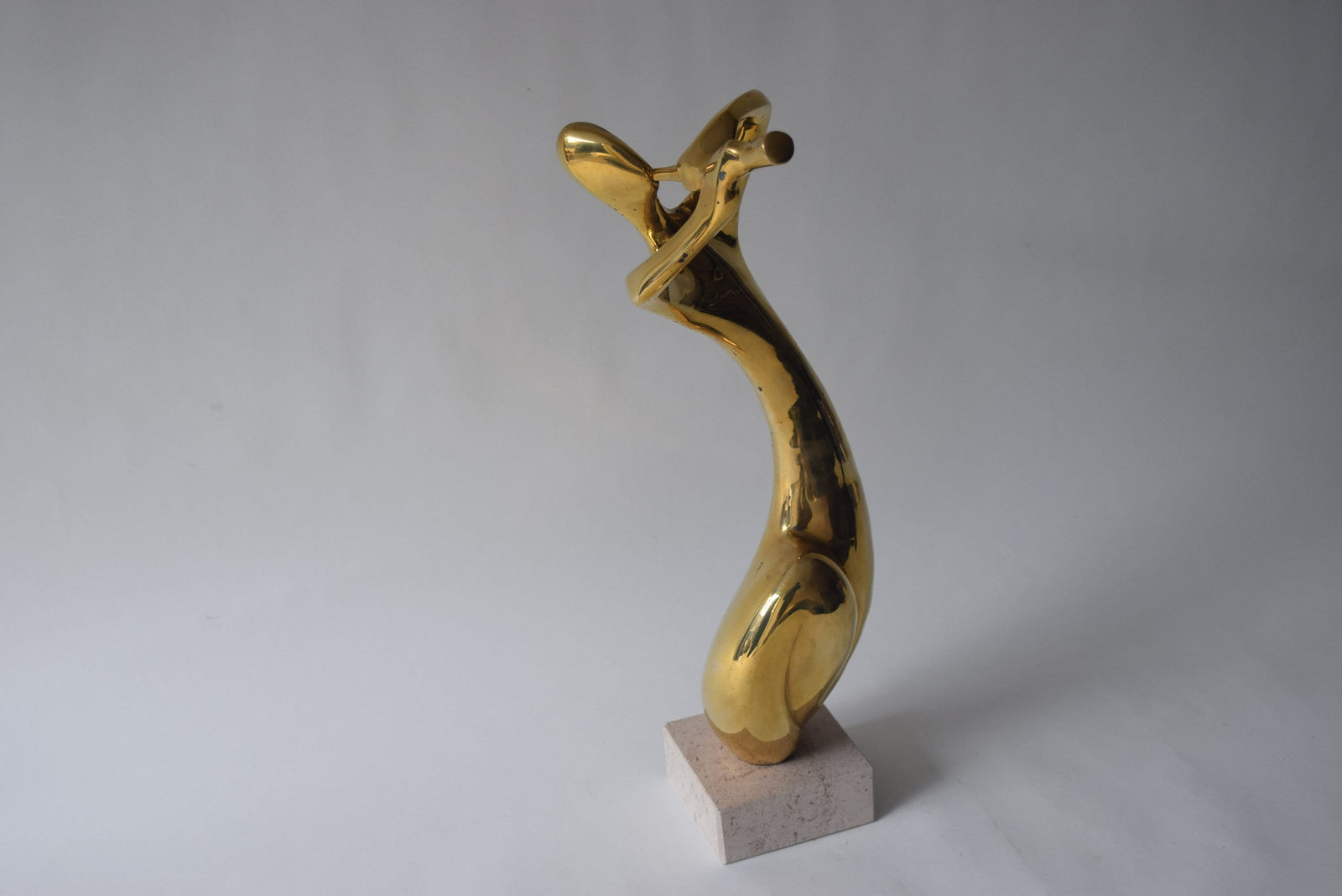 Vintage Brass Musician Sculpture, Abstract Art Deco Style Figure, Travertine Base, 1980s
