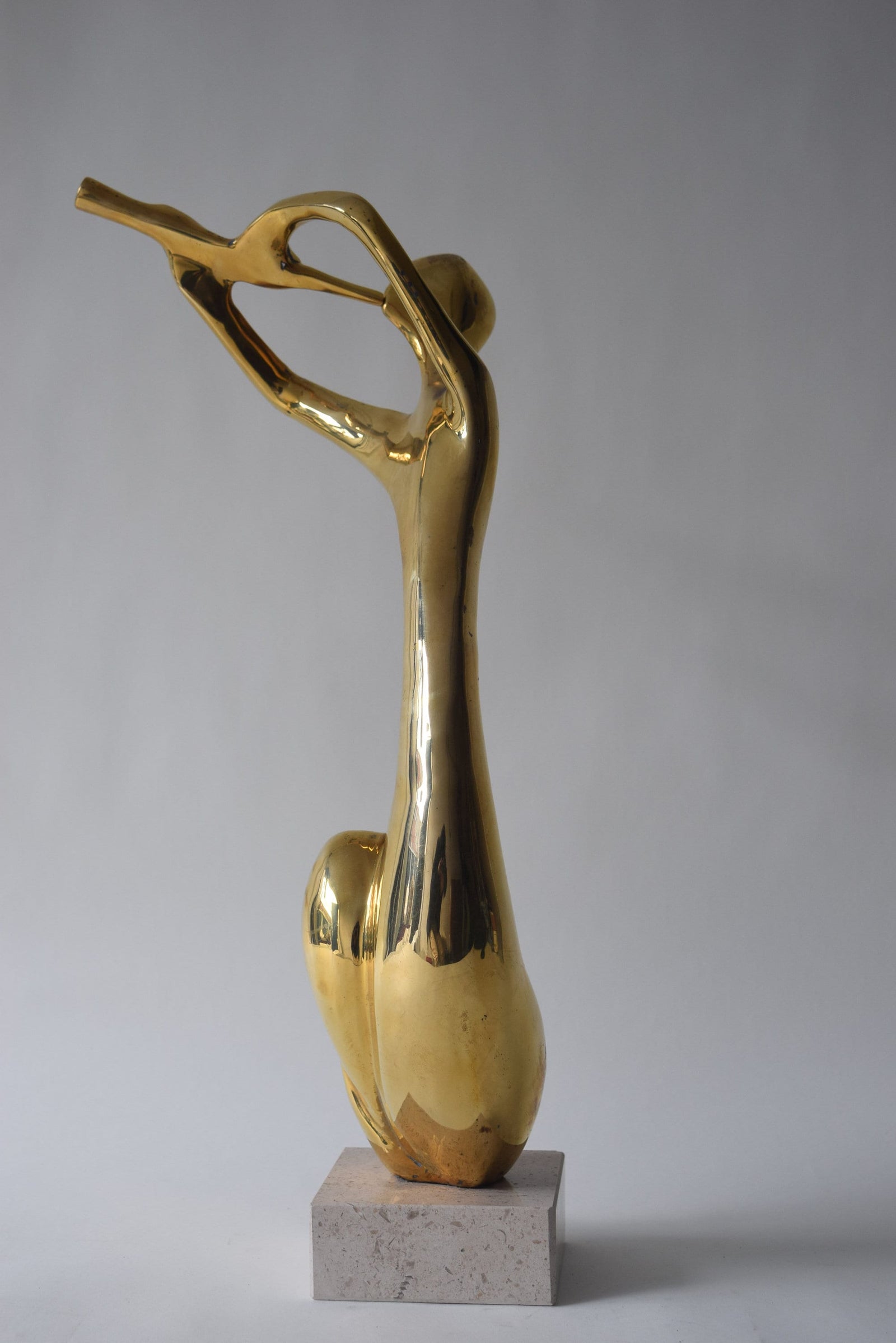 Vintage Brass Musician Sculpture, Abstract Art Deco Style Figure, Travertine Base, 1980s