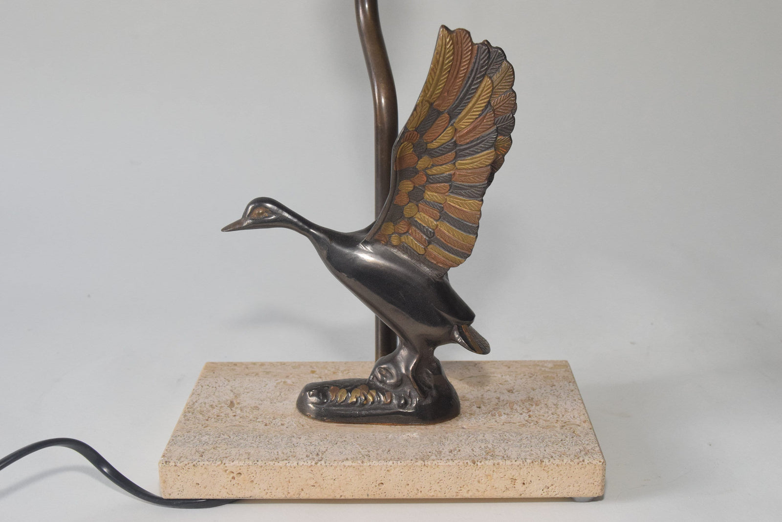 Vintage Duck Desk Lamp, Sculpted Bronze-Toned Metal Bird, Travertine Base, 1970s