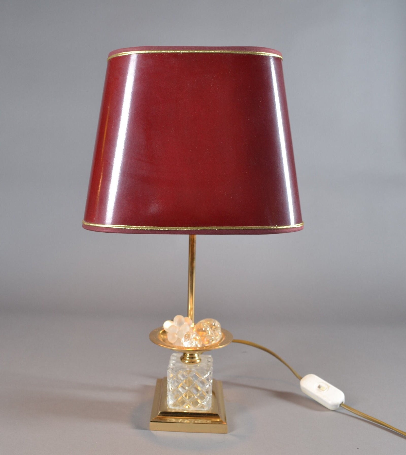 Vintage 1970s French Table Lamp, Red Tole Shade, Cut Glass Base with Glass Fruit Accent