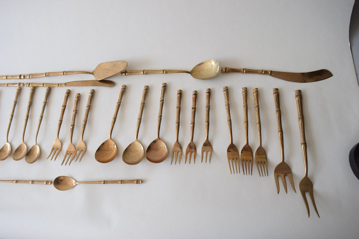 Vintage Bronze-Toned Bamboo Handle Flatware Set, Service for Six — Thai Style