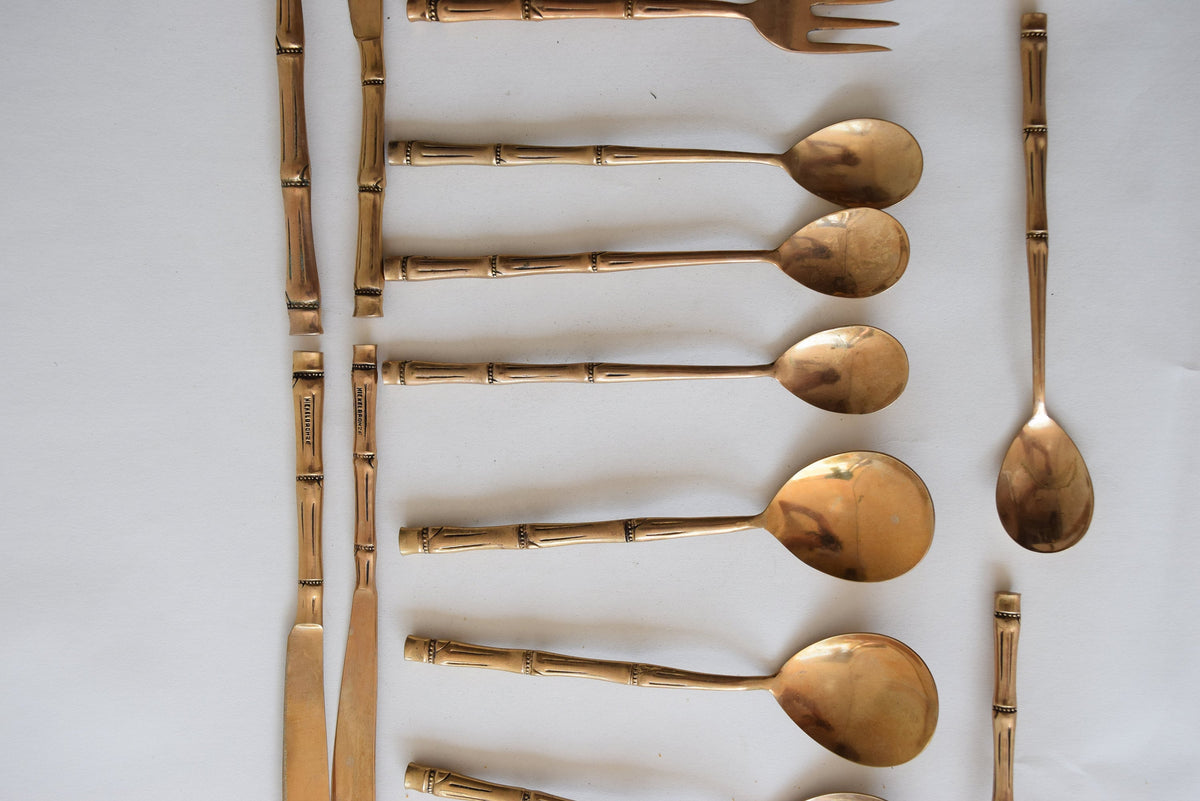 Vintage Bronze-Toned Bamboo Handle Flatware Set, Service for Six — Thai Style