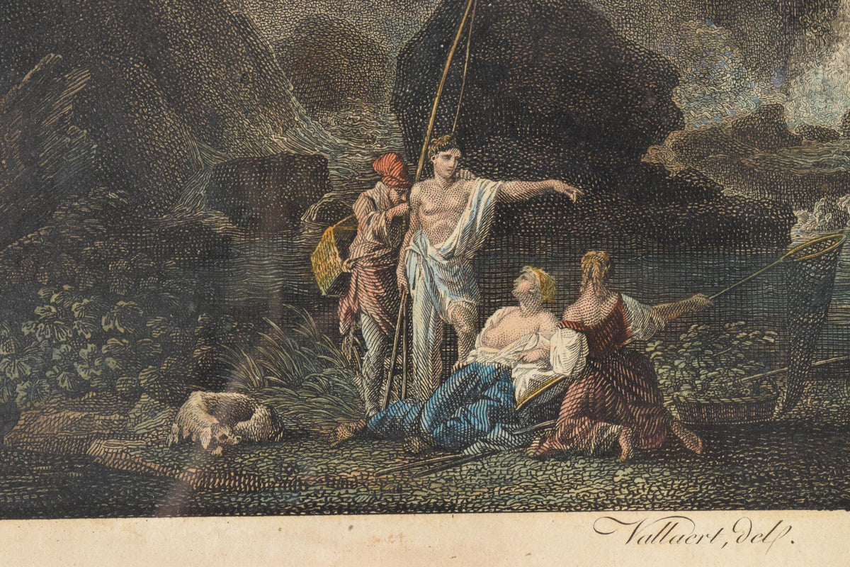 Antique Hand-Colored Engraving, La Cascade, Vallaert & Pillemant, 18th Century, Framed Waterfall Landscape Print