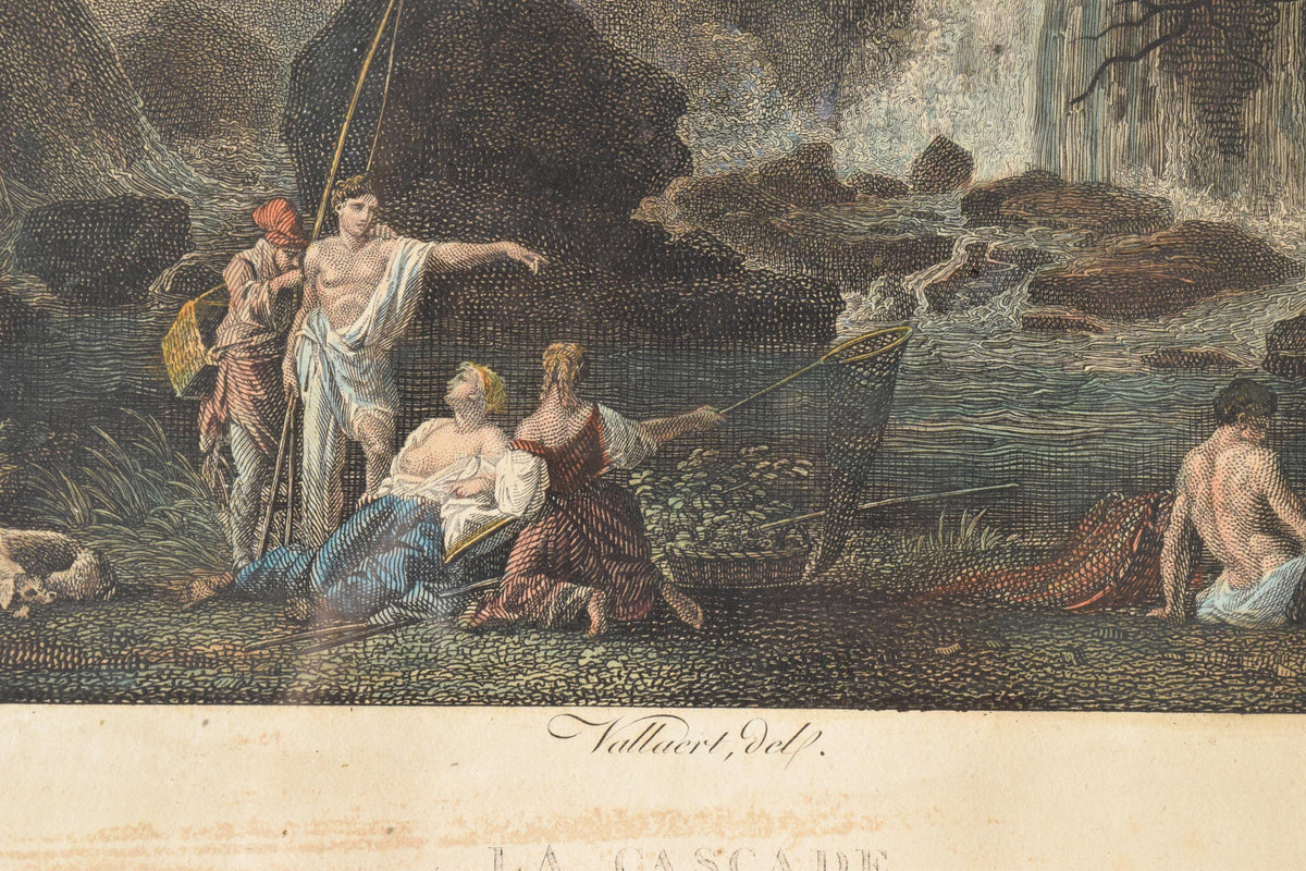 Antique Hand-Colored Engraving, La Cascade, Vallaert & Pillemant, 18th Century, Framed Waterfall Landscape Print