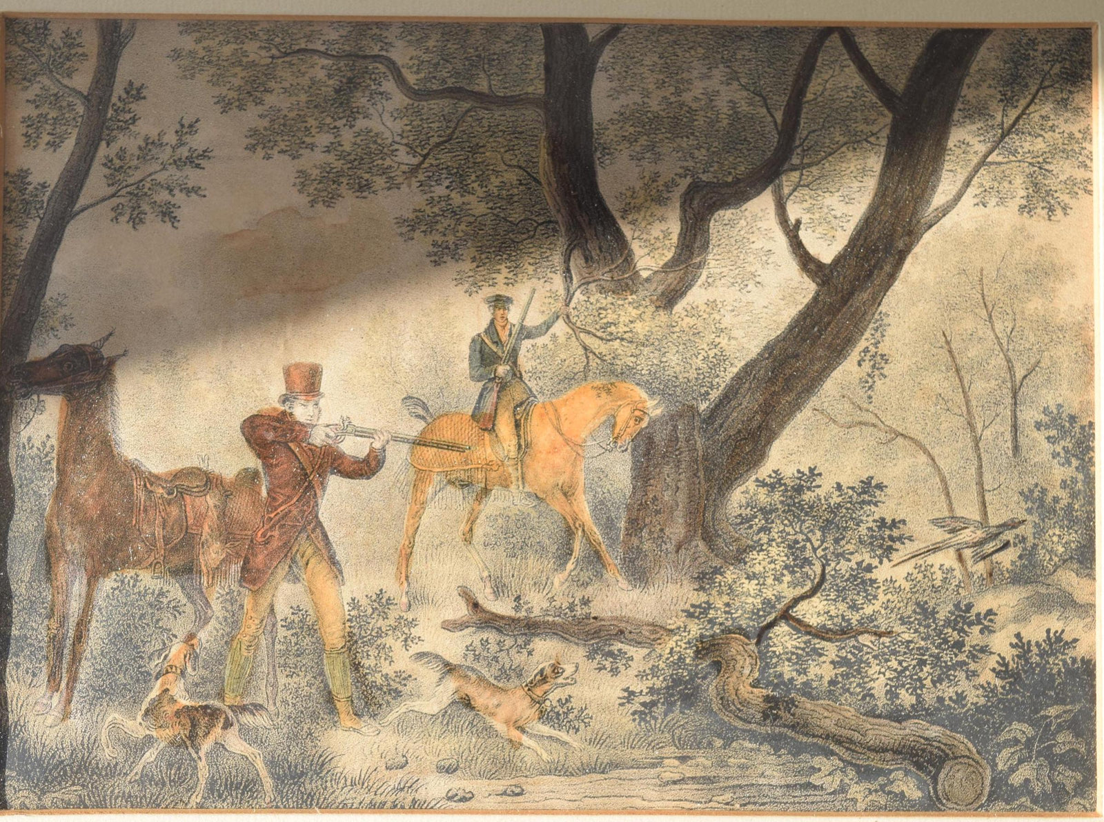 Antique Hand-Colored Hunting Engraving, Chasseur Au Tir | Jazet after Carle Vernet, 1830s | Framed French Equestrian Art