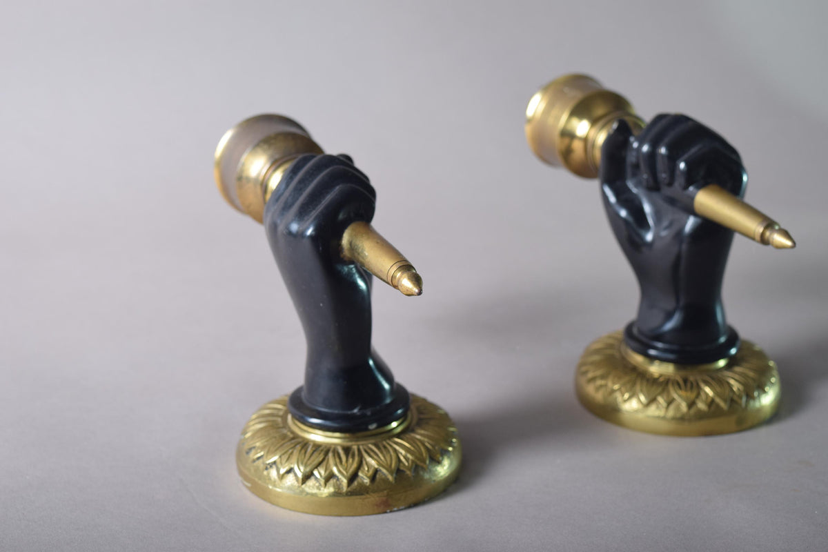Art Deco Brass Torch Sconces, Fist-Holding Design, 1930s Solid Brass Wall Lights, Rare Statement Lighting, Pair