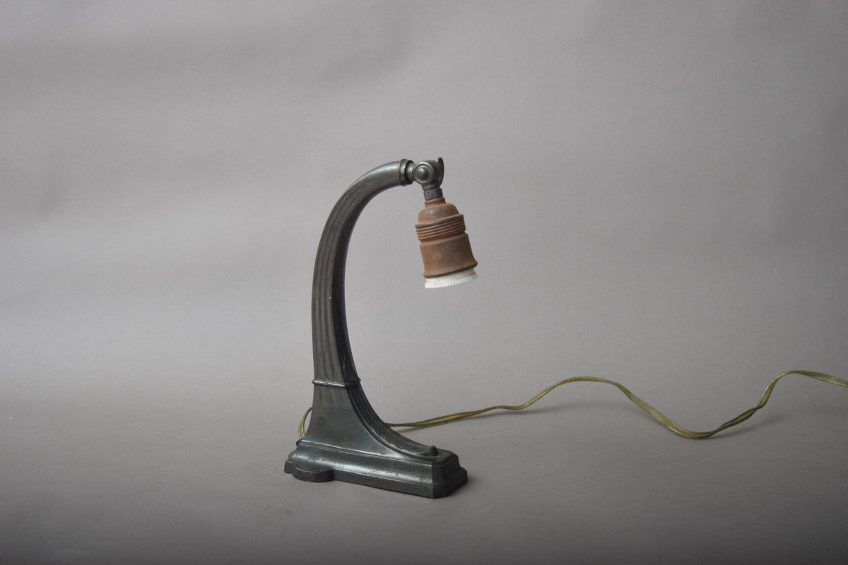 Antique Brass Gooseneck Desk Lamp, Fluted Stepped Base — American, circa 1920s