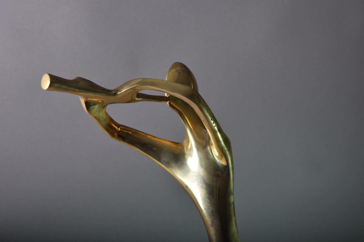 Vintage Brass Musician Sculpture, Abstract Art Deco Style Figure, Travertine Base, 1980s