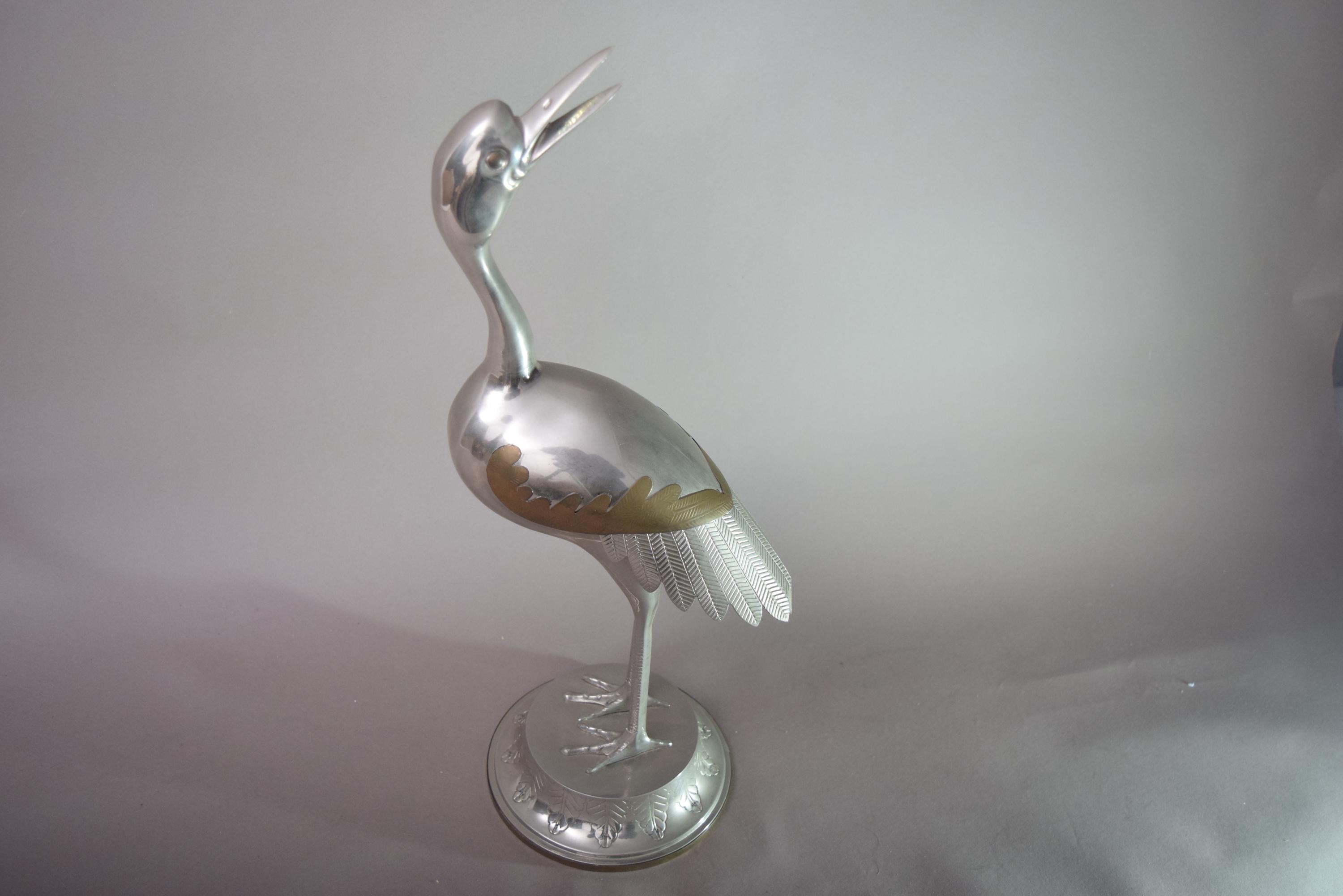 Vintage Silver-Toned Crane Bird Sculpture, Art Deco Style, Brass Accents, 1960s