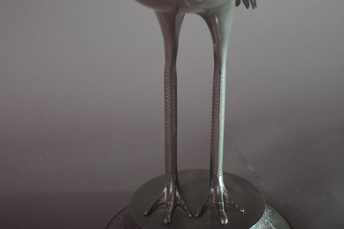 Vintage Silver-Toned Crane Bird Sculpture, Art Deco Style, Brass Accents, 1960s