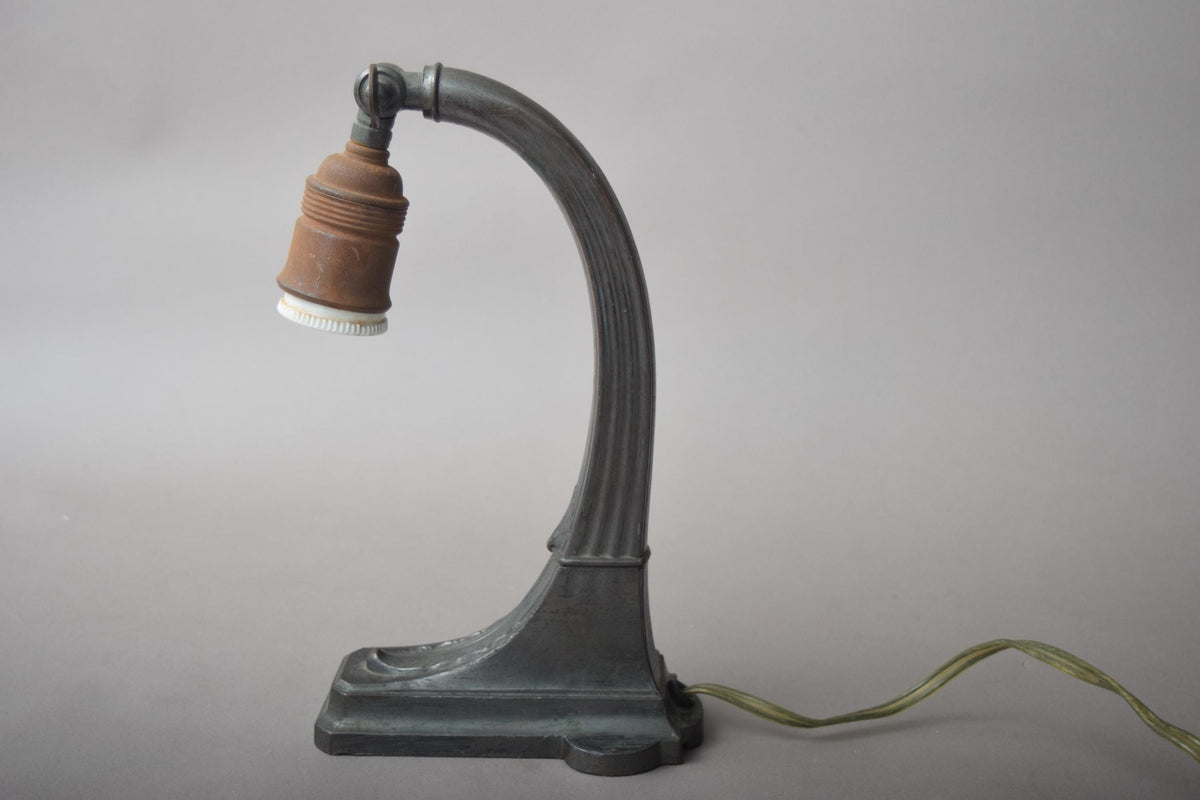 Antique Brass Gooseneck Desk Lamp, Fluted Stepped Base — American, circa 1920s