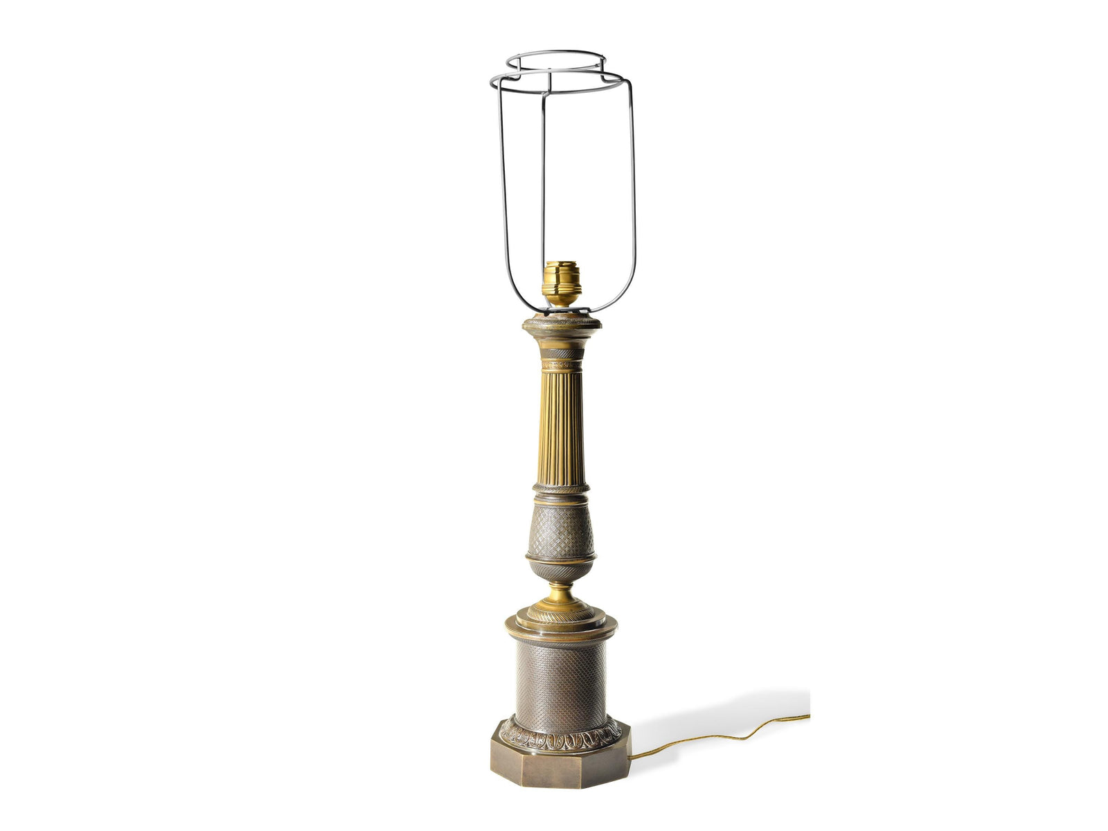 Antique Bronze Column Table Lamp, Hexagonal Base — Neoclassical, 19th Century