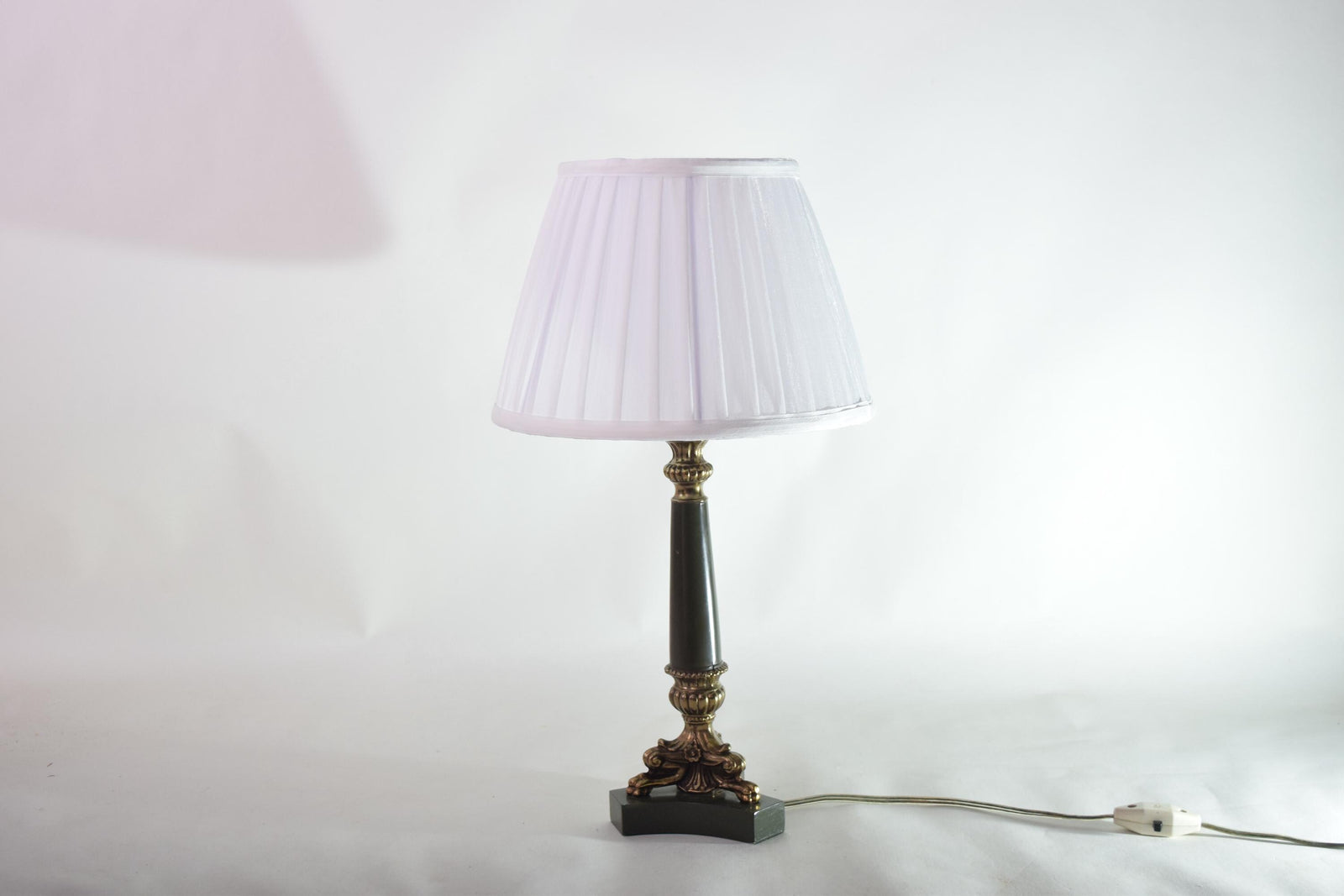 Vintage French Neoclassical Table Lamp, Gold-Toned Base, Green Column, White Pleated Shade