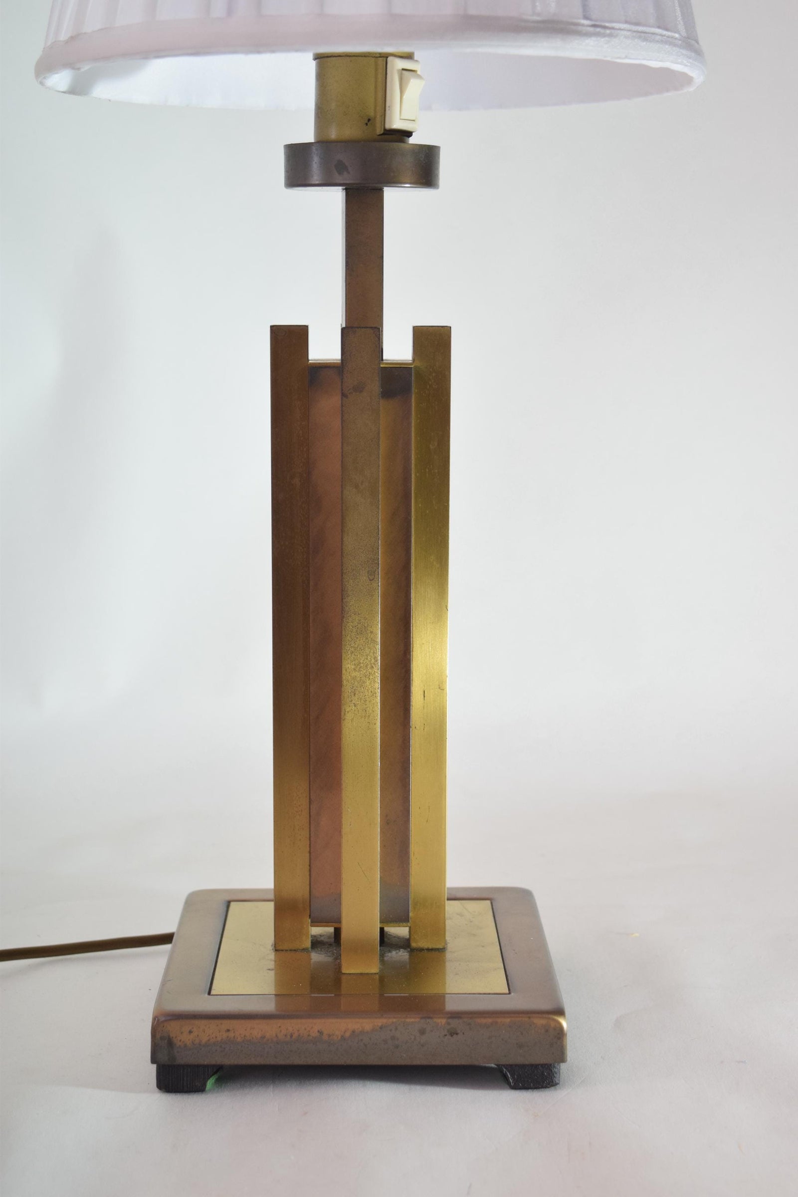 Vintage Geometric Brass Table Lamp, 1980s | Faceted Column, Pleated White Shade | Mid-Century Modern Accent Lighting
