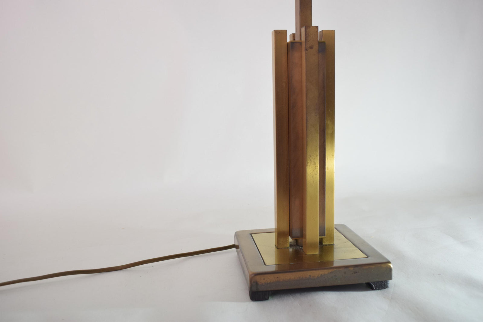 Vintage Geometric Brass Table Lamp, 1980s | Faceted Column, Pleated White Shade | Mid-Century Modern Accent Lighting