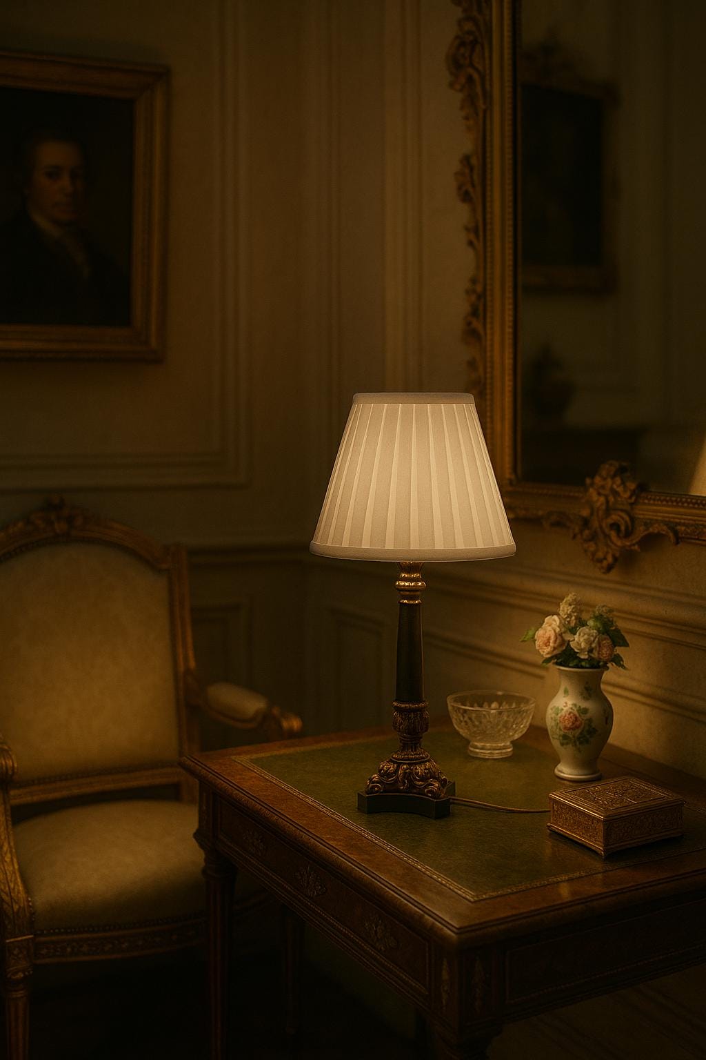 Vintage French Neoclassical Table Lamp, Gold-Toned Base, Green Column, White Pleated Shade