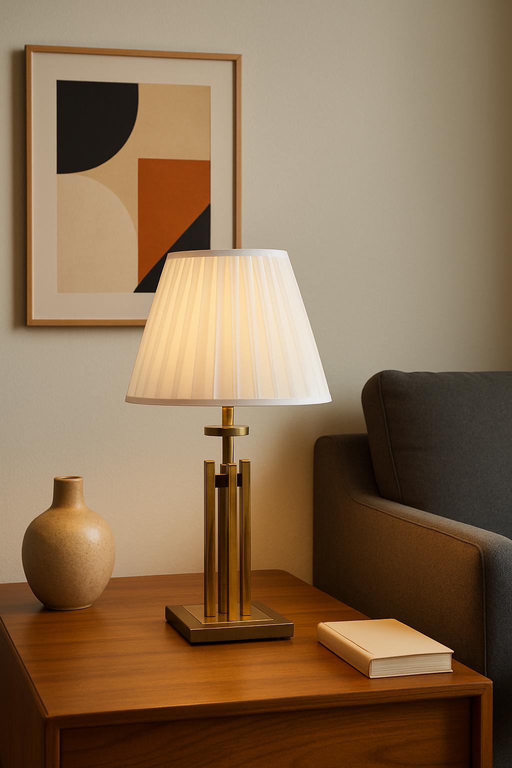 Vintage Geometric Brass Table Lamp, 1980s | Faceted Column, Pleated White Shade | Mid-Century Modern Accent Lighting