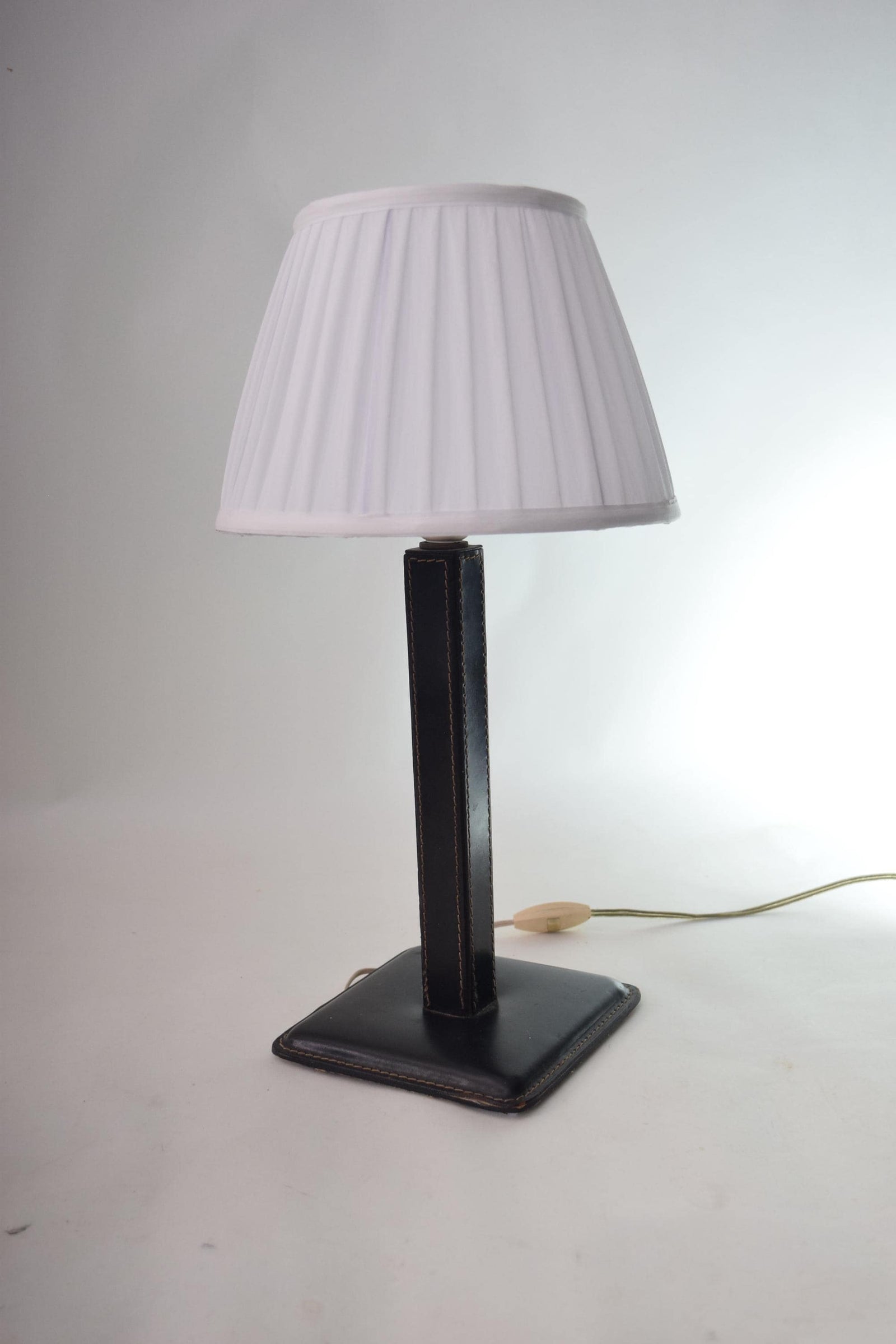 Vintage Leather Table Lamp, Pleated Shade — Mid-Century Modern, 1960s