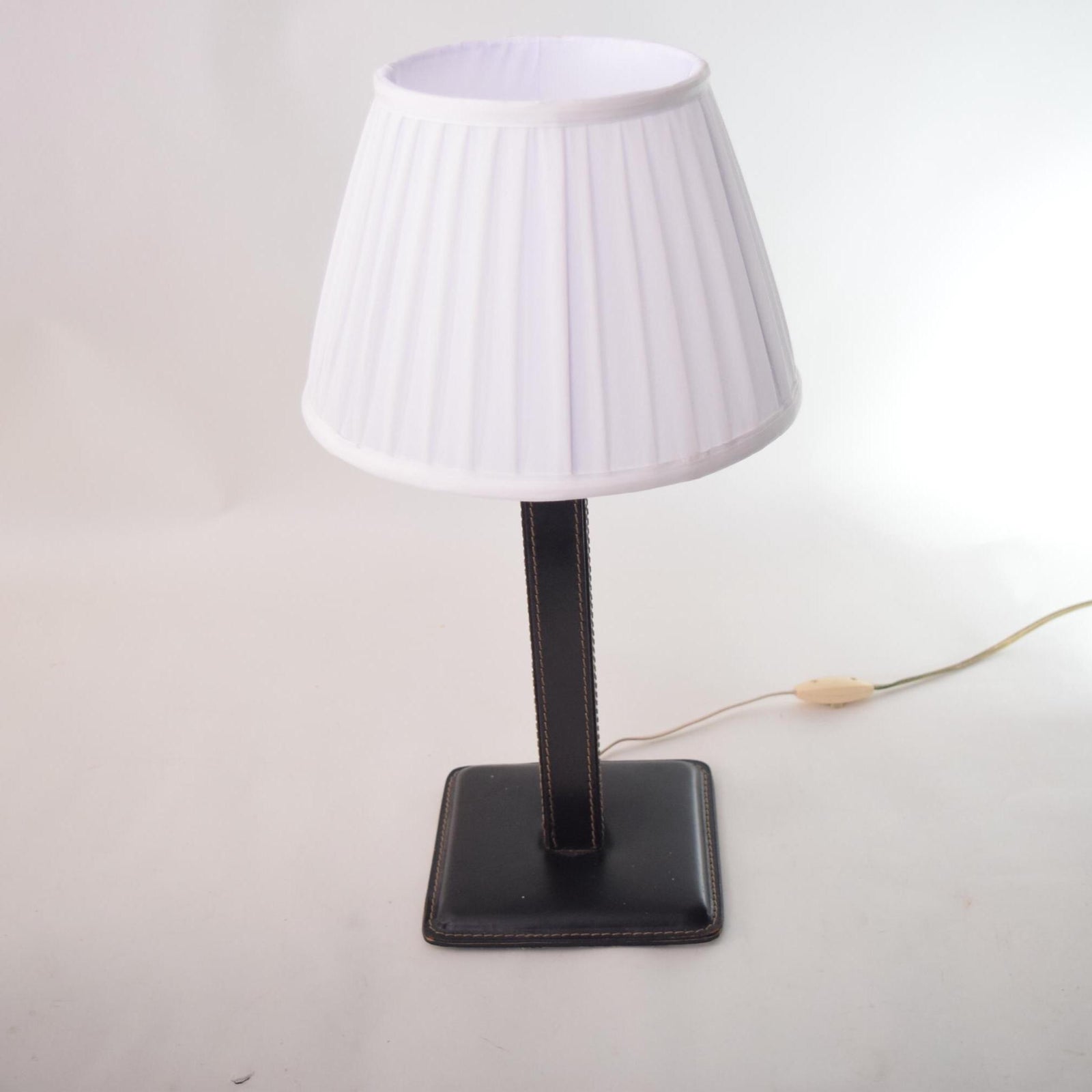 Vintage Leather Table Lamp, Pleated Shade — Mid-Century Modern, 1960s