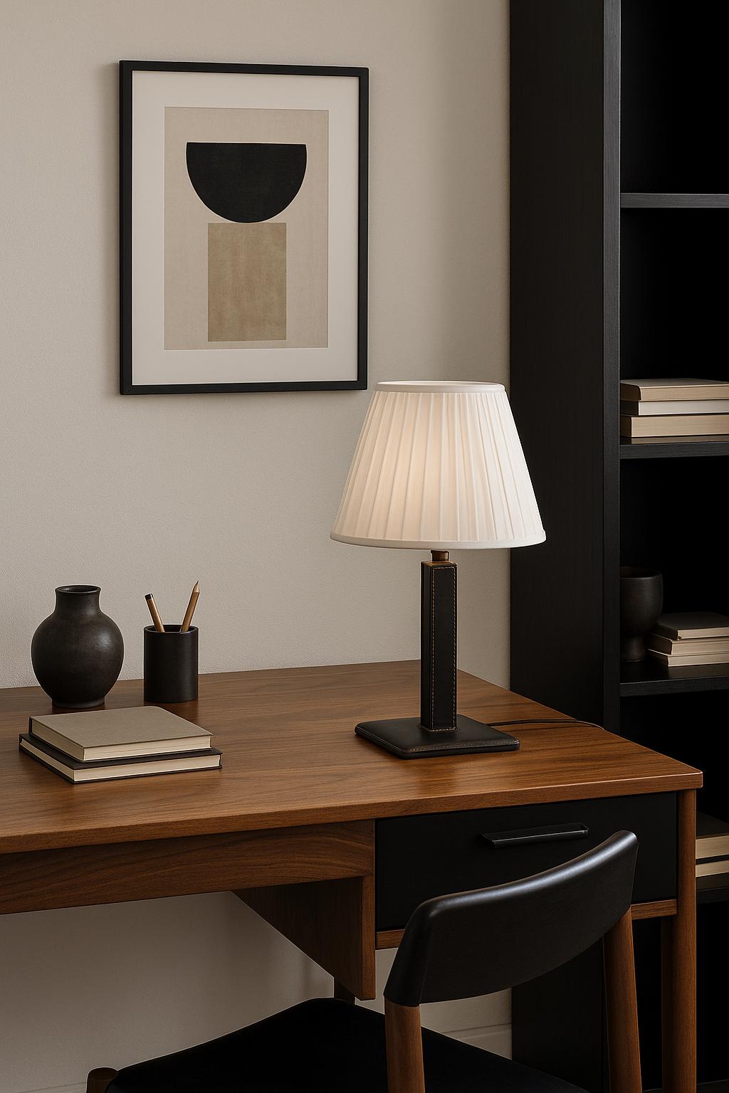 Vintage Leather Table Lamp, Pleated Shade — Mid-Century Modern, 1960s